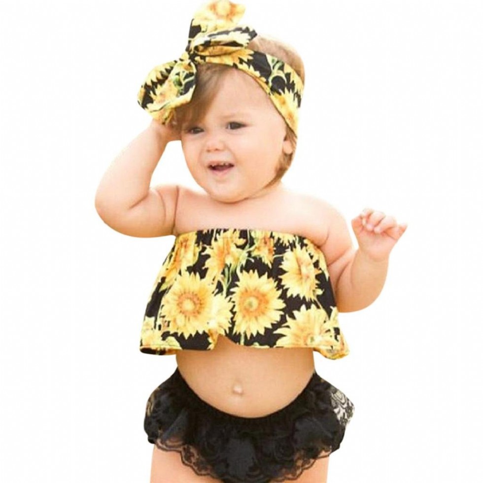 Baby Girl Clothes Sets Hosamtel Sunflower Printed Off Shoulder Tops+Lace Ruffles Shorts