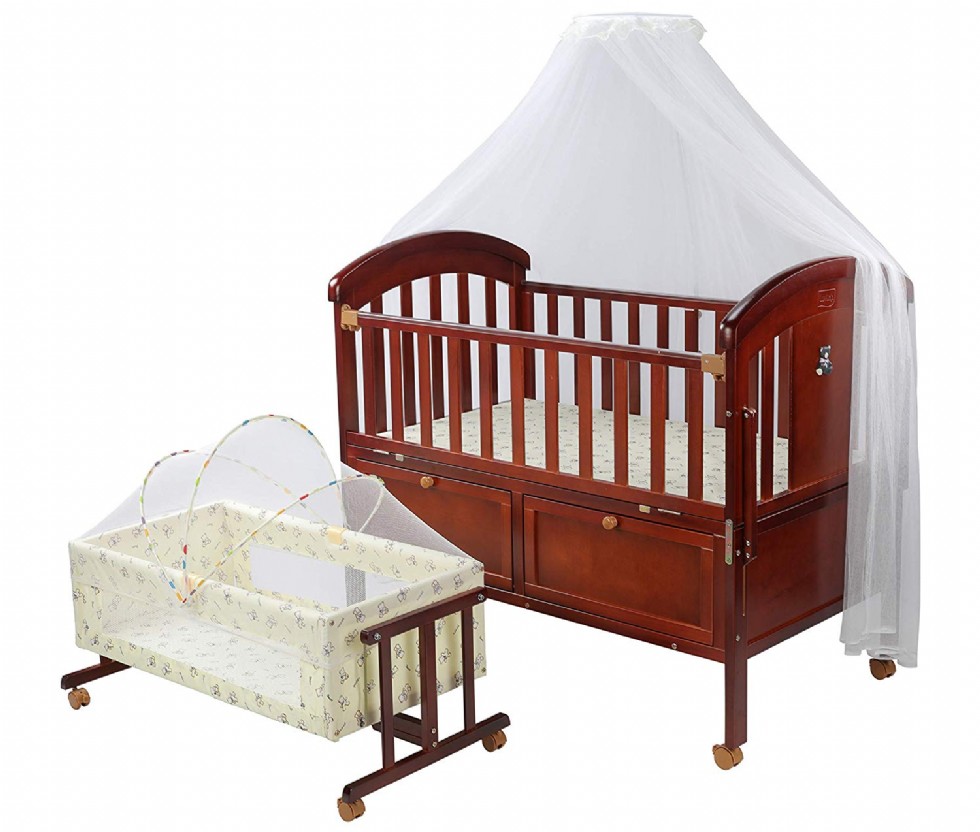 Baby Wooden Cot with Detachable Newborn Cradle (Cherry-Red)