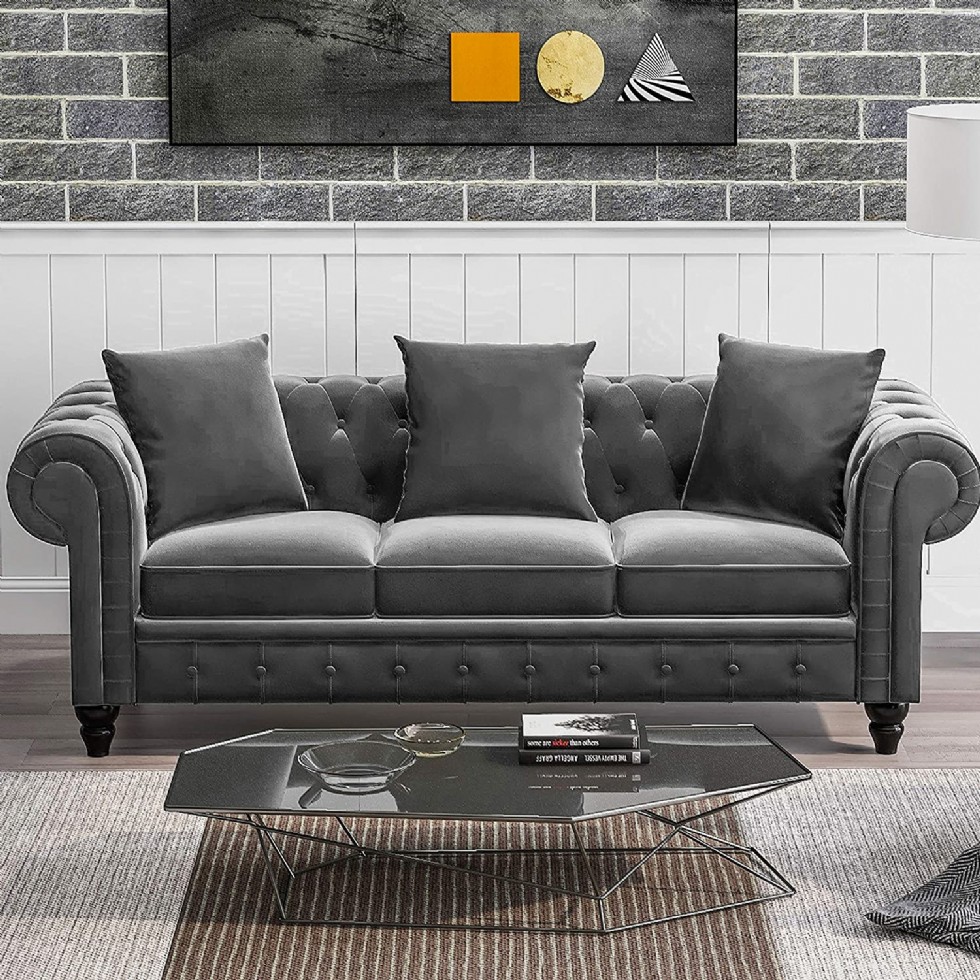 Black 3 Seat Sofa Velvet Sectional Sofa Sofa Couch for Living Room Classic Chesterfield Sofa Set with 3 Pillows
