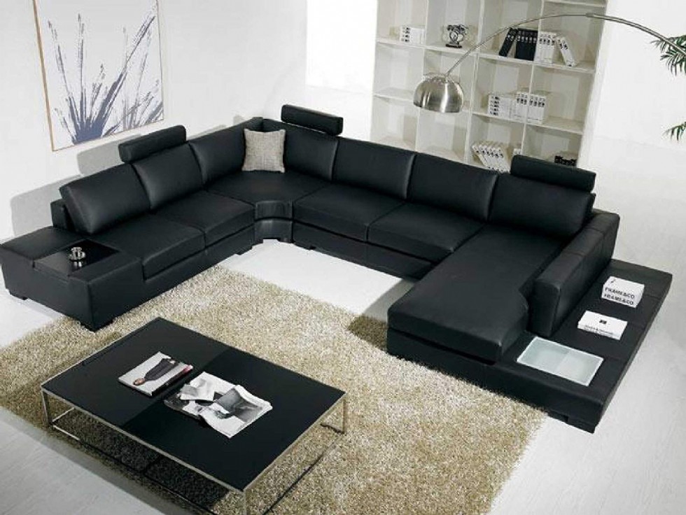 Black Bonded Leather Sectional Sofa with Headrests and Light