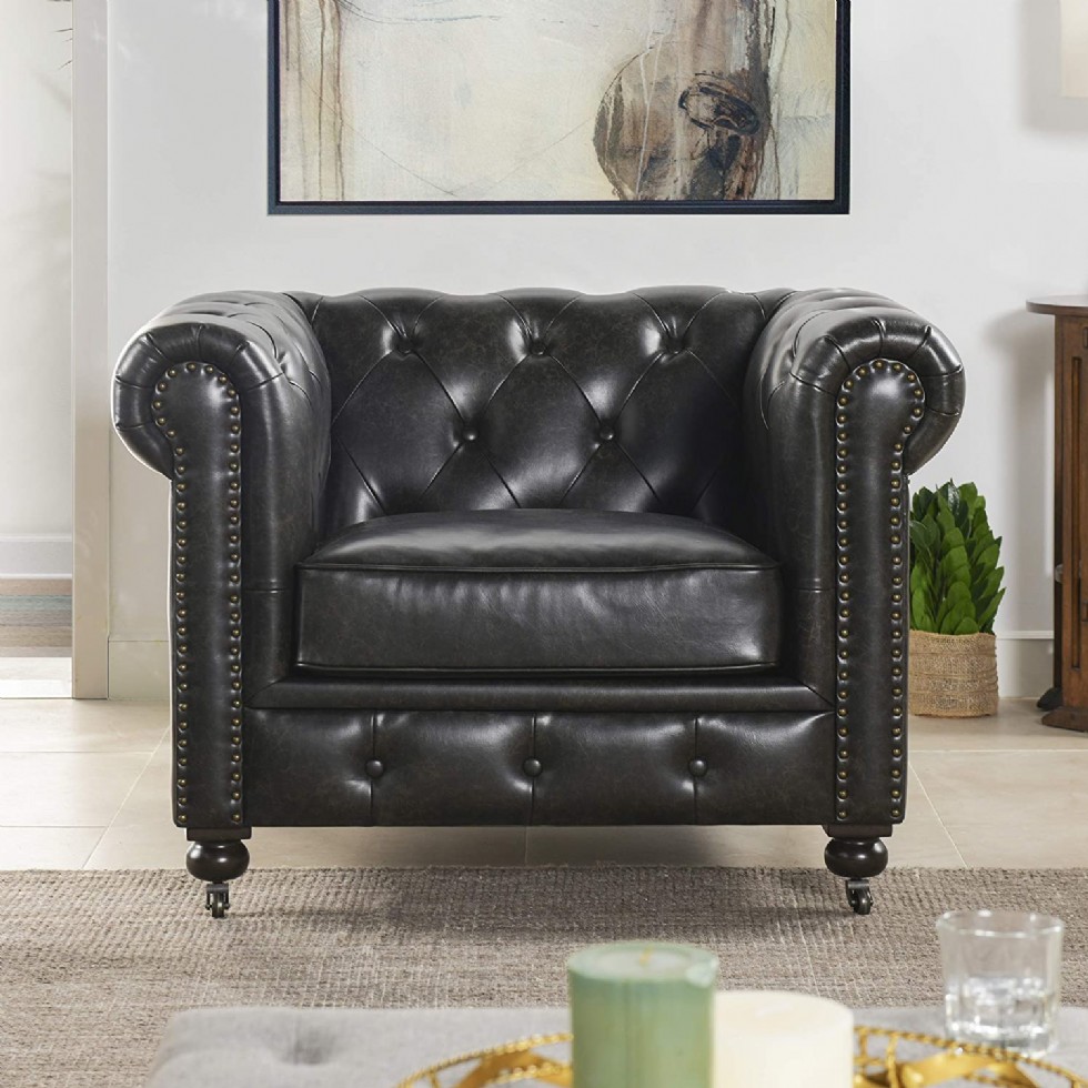 Black Leather Chesterfield Armchair, Vintage Black