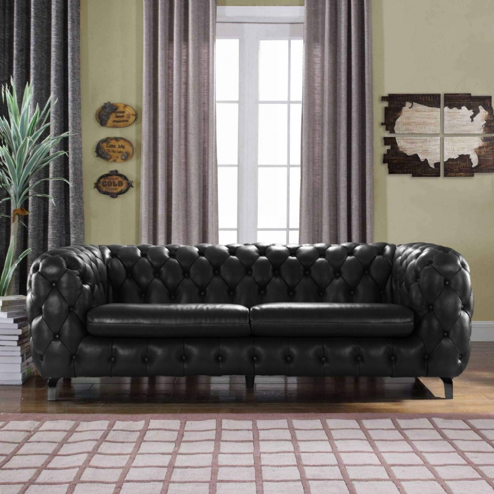 Black Leather Chesterfield Sofa Couch w/Tufted Arms Modern Tufted Wide Top Grain Leather Chesterfield Couch Sofa