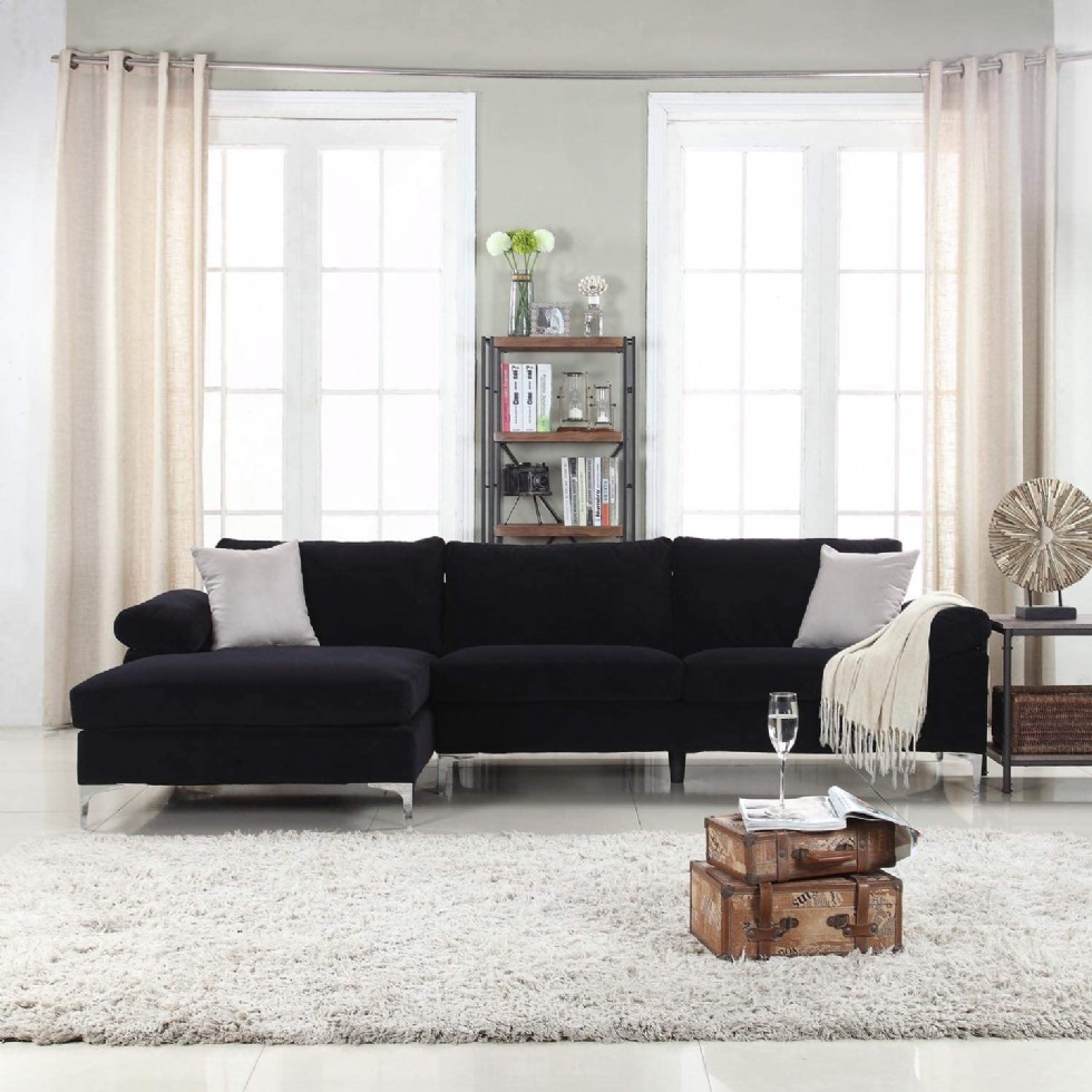 Black Velvet Fabric Sectional Sofa Modern Large