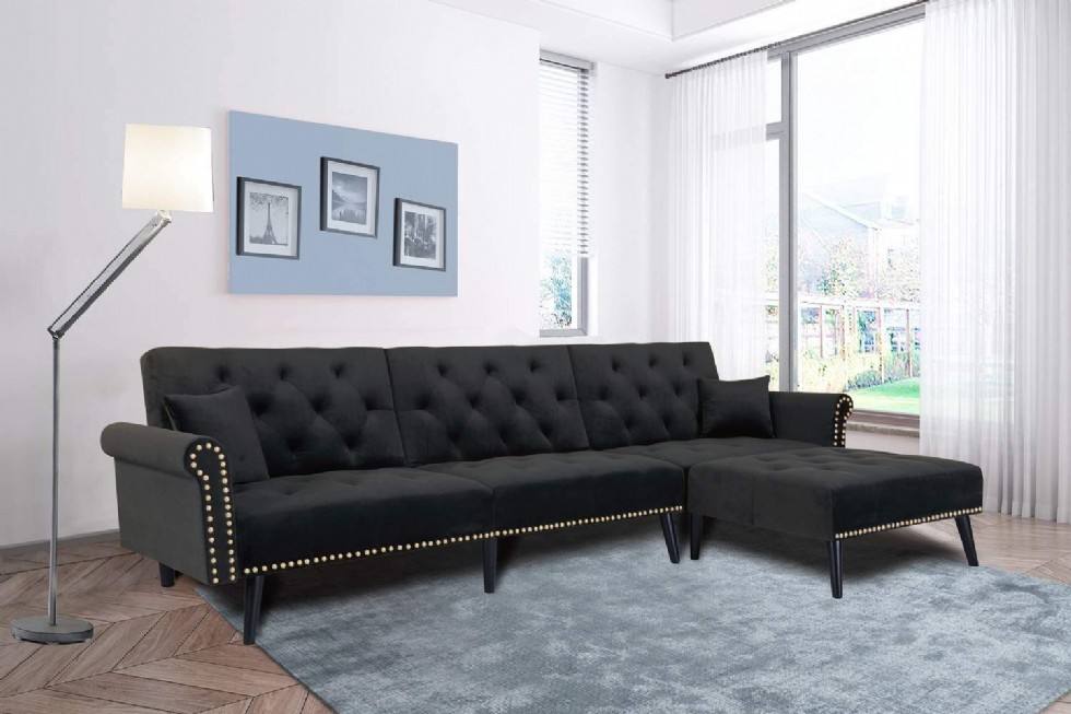 Black Velvet Sofa Bed Sleeper, Sectional sofa adjustable back for Living Room
