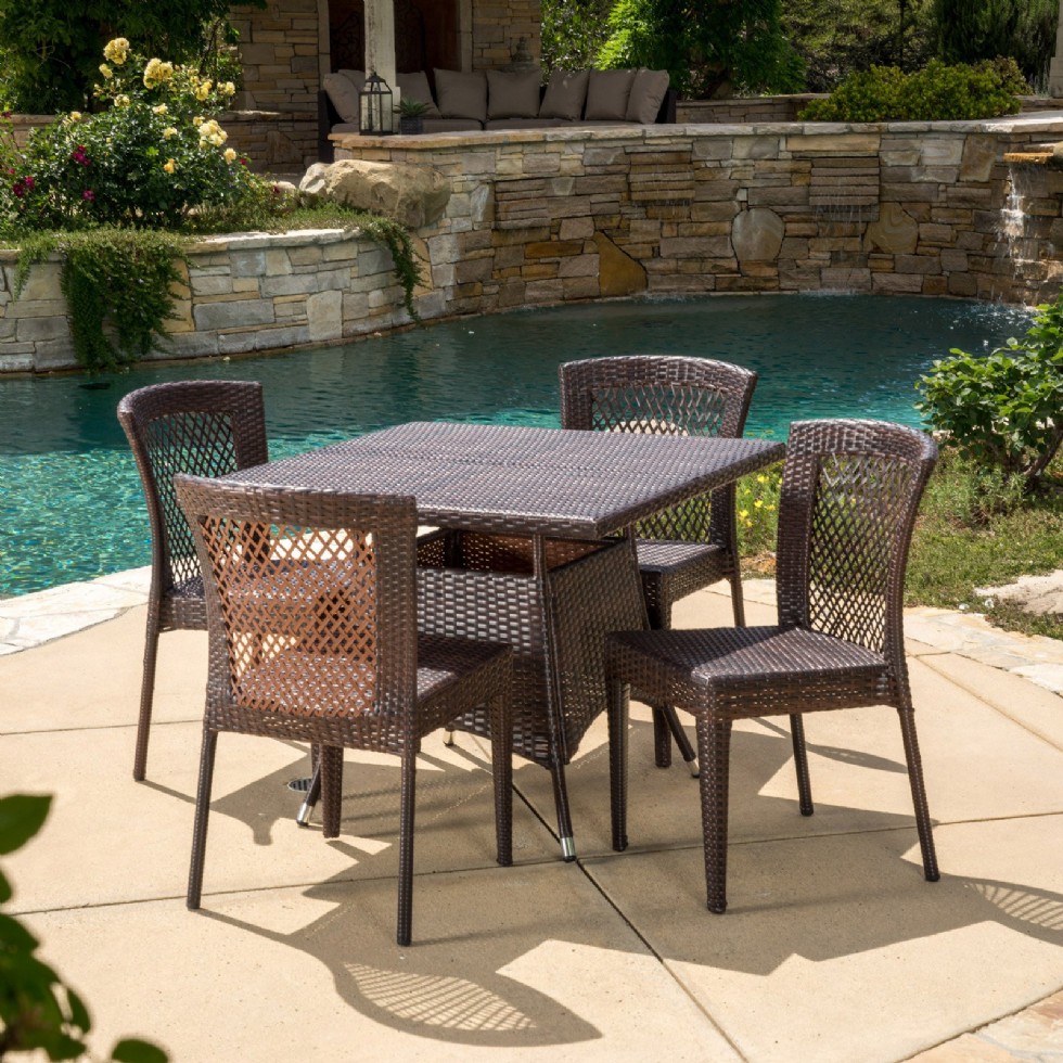 Burton Wicker 5 Piece Square Patio Dining Set, Brown