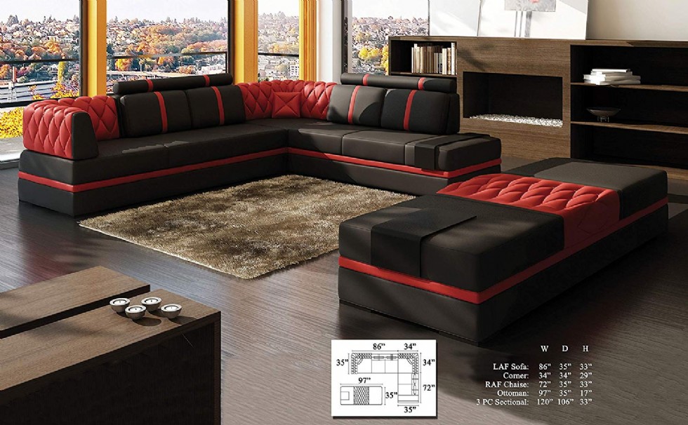Causal Contemporary Modern Living Room Furniture Sectional Sofa Chaise Corner Black and Red Cushion Couch Pillows Beautiful Lovely Sectional