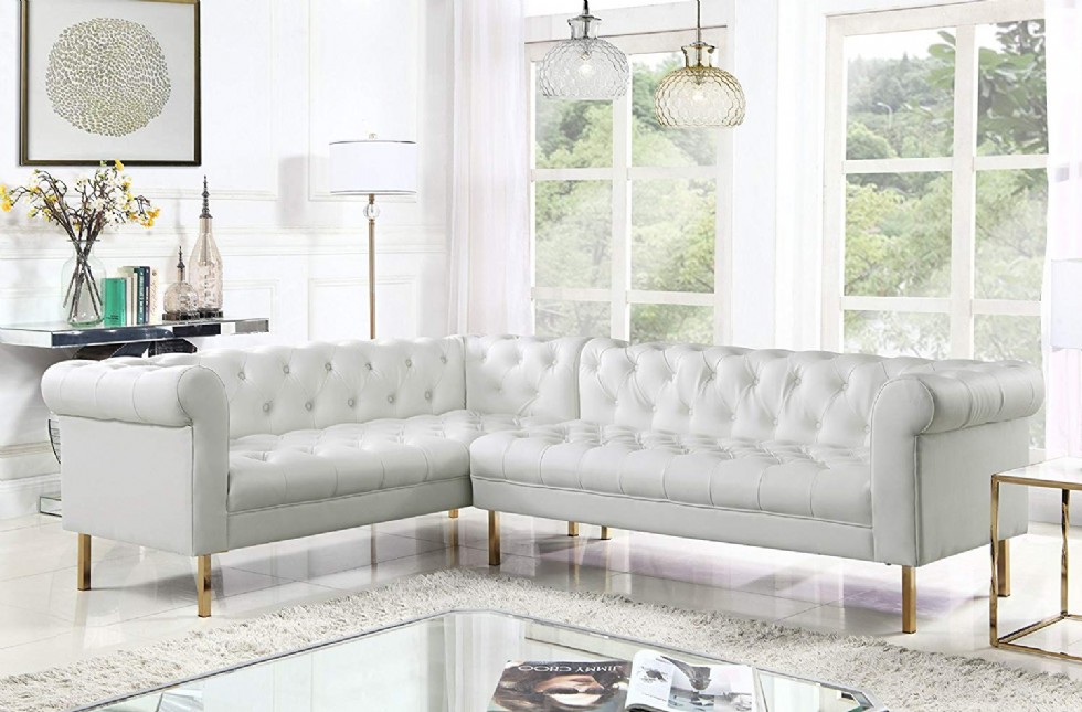 Chesterfield Sectional Sofa L Shape PU Leather Upholstered Button Tufted Roll Arm Design