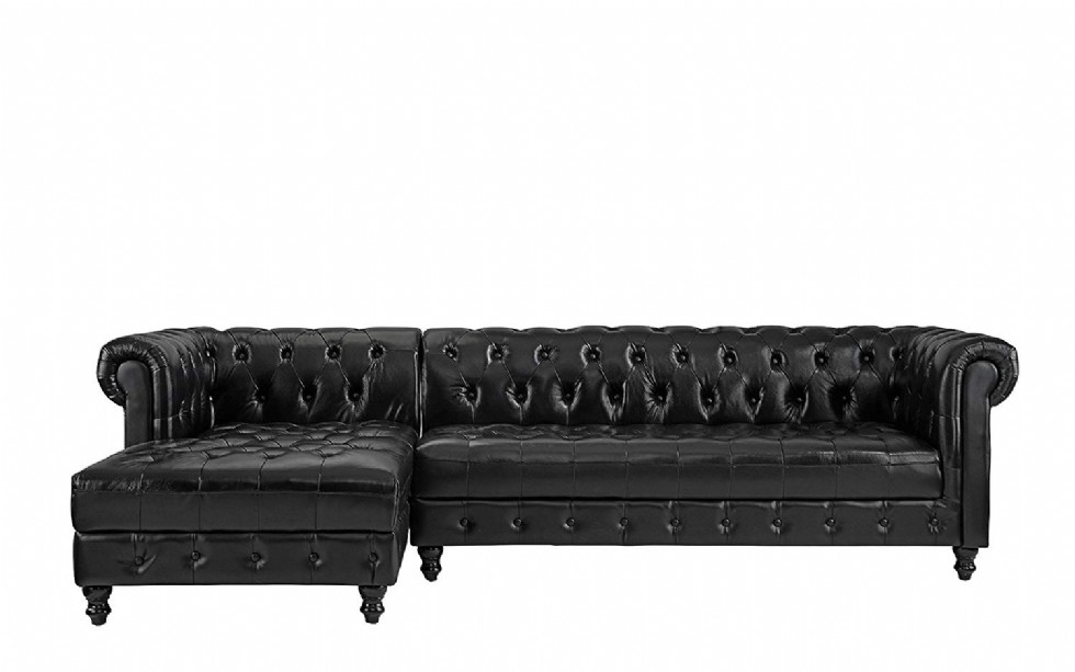 Classic Real Tufted Leather Match Chesterfield L Shape Sectional Sofa with Chaise (Black)