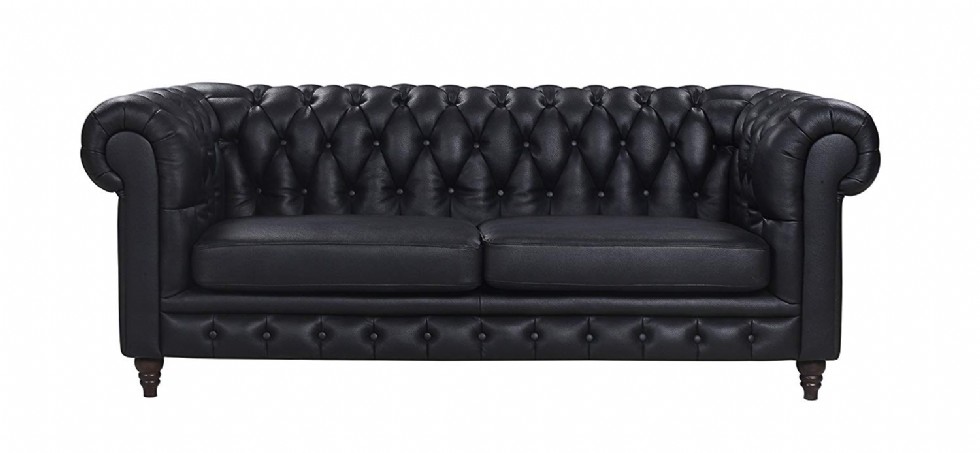 Classic Scroll Arm Real Italian Leather Chesterfield Sofa (Black)