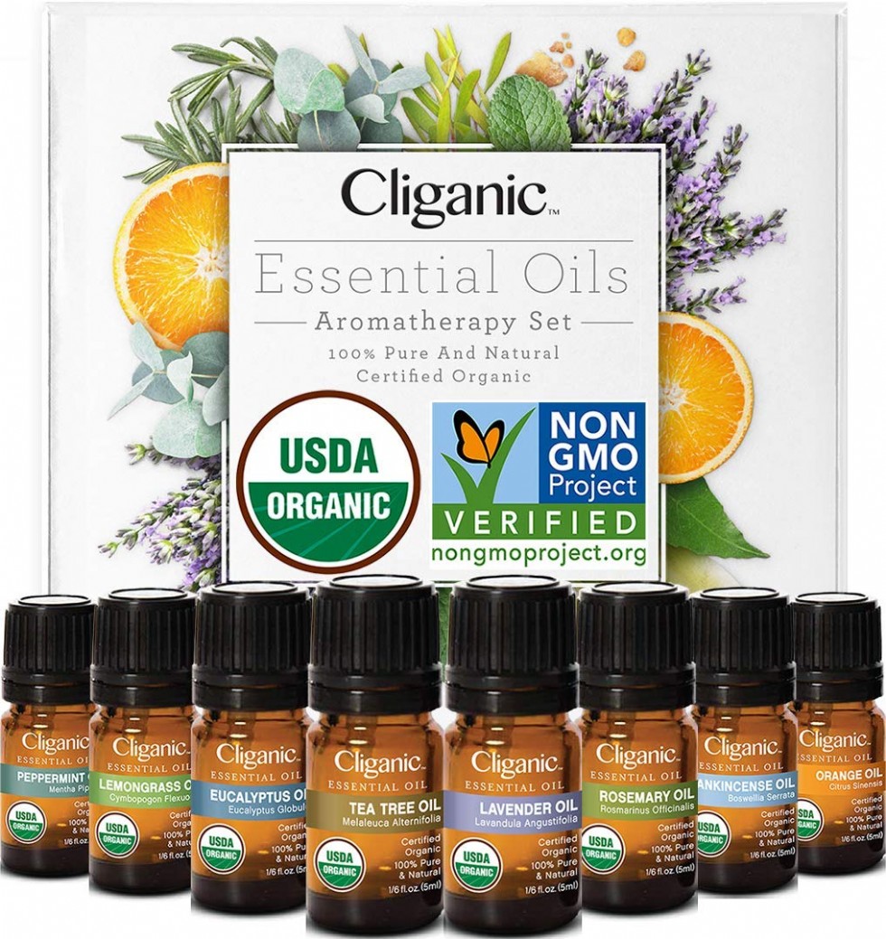 Cliganic USDA Organic Aromatherapy Essential Oils Set (8 Pack), 100% Pure Natural - Peppermint, Lavender, Eucalyptus, Tea Tree, Lemongrass, Rosemary