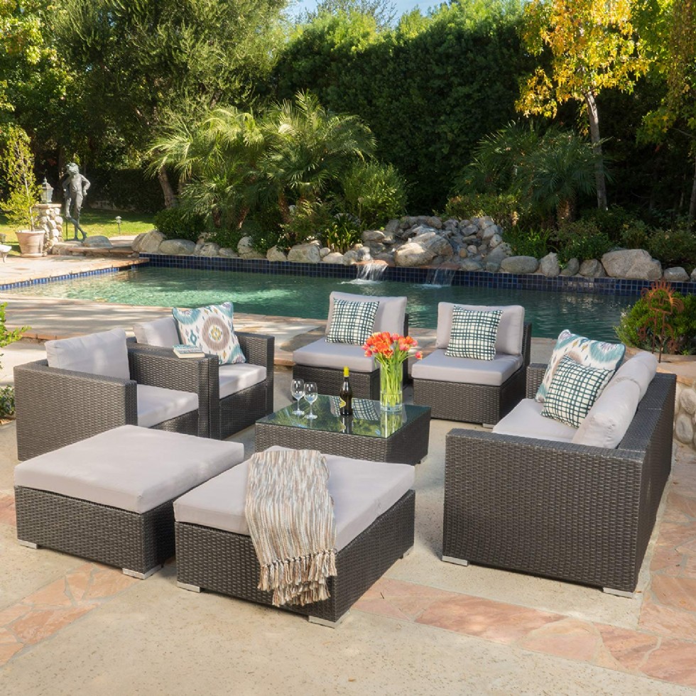 Cortez Sea 9 Piece Outdoor Wicker Furniture Sectional Sofa Set, Grey