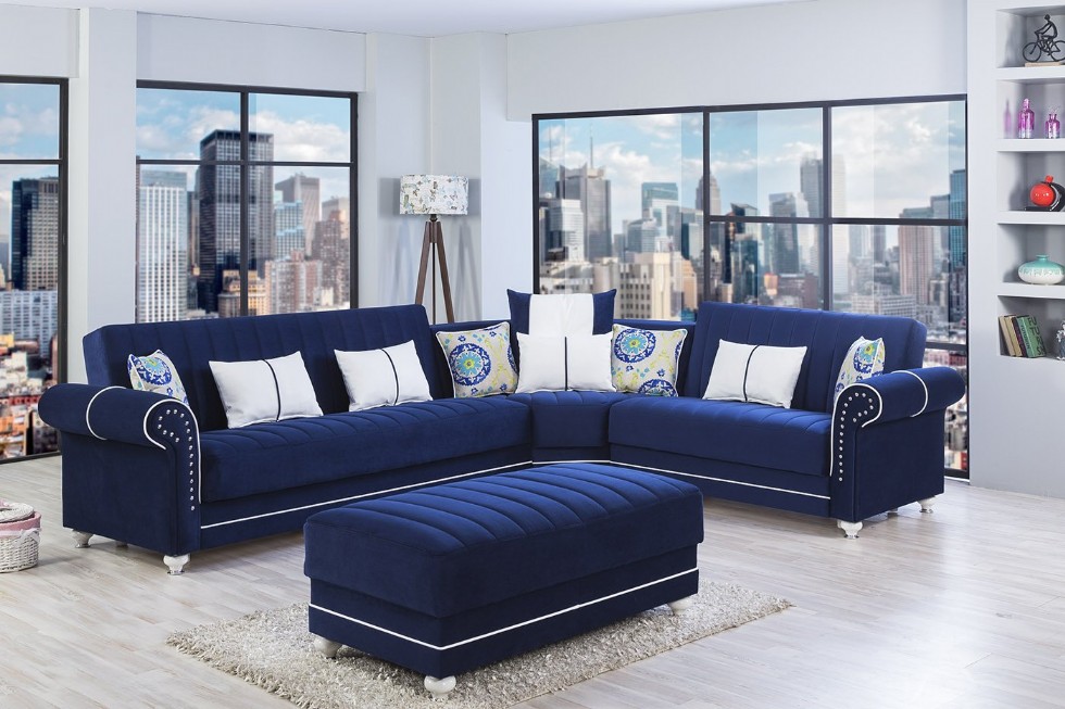 Dark Blue Functional Sectional Sofa Large Size with pouf