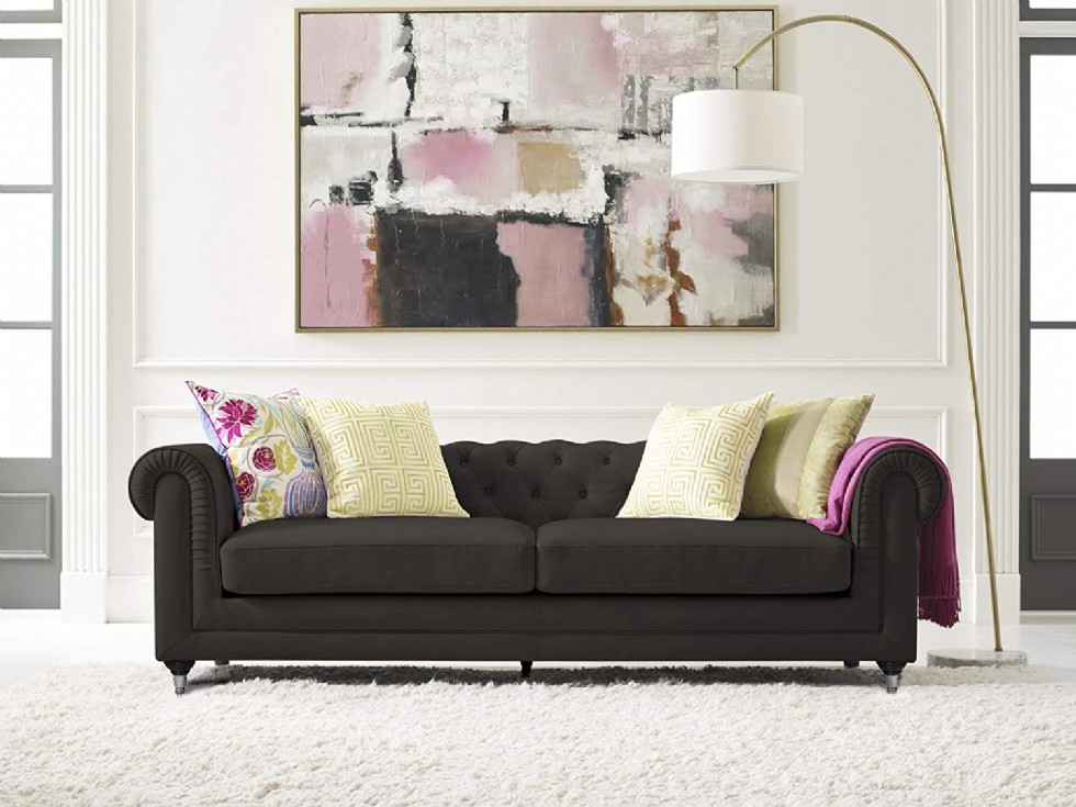 Dark Gray Chesterfield Tufted Sofa, Mid-Century Modern Upholstered Couch with Rolled Arms