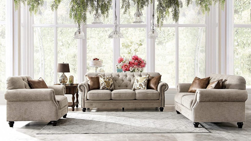 Fabric tufted Chesterfield Chenille Tufted Living Room Sofa, 3 Piece Set