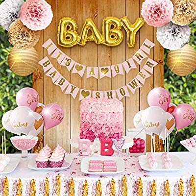 Girl Baby Shower Party Decorations Pink, White and Gold Theme Decor Set with Banners, Balloons, Poms, Lanterns