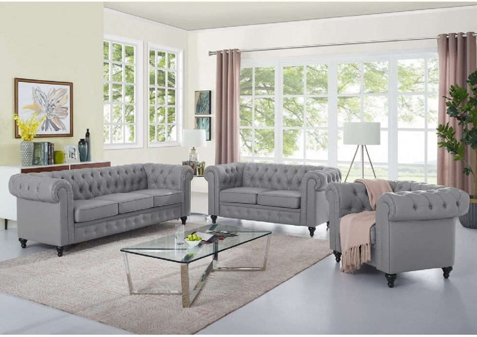 Gray Leather Chesterfield Sofa Set with Rolled Arms, Tufted Cushions