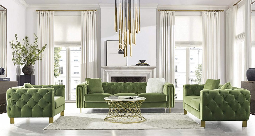 Green Velvet Luxury Chesterfield Vintage Tufted Velvet Living Room Sofa with Metal Legs