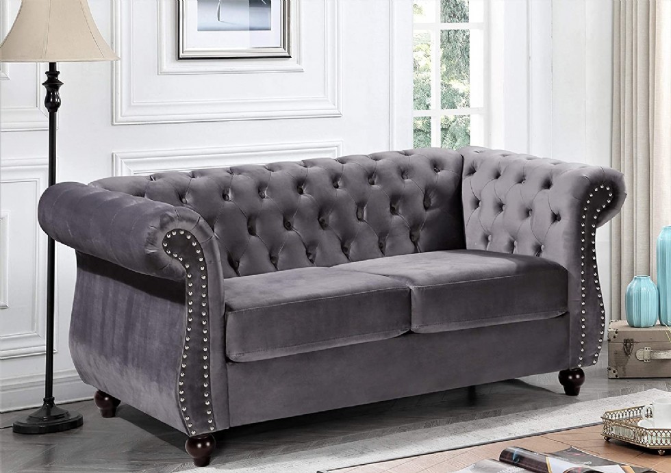 Grey Velvet Chesterfield Rolled Arm Sofas