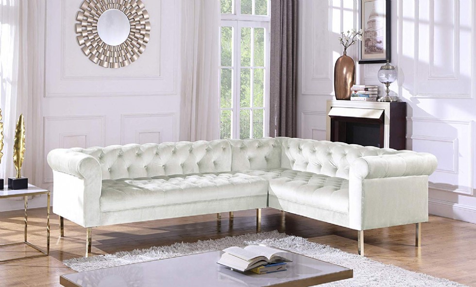 Iconic Home Giovanni Right Facing Sectional Sofa L Shape Velvet Upholstered Button Tufted Roll Arm Design Solid Gold Tone Metal Legs Modern