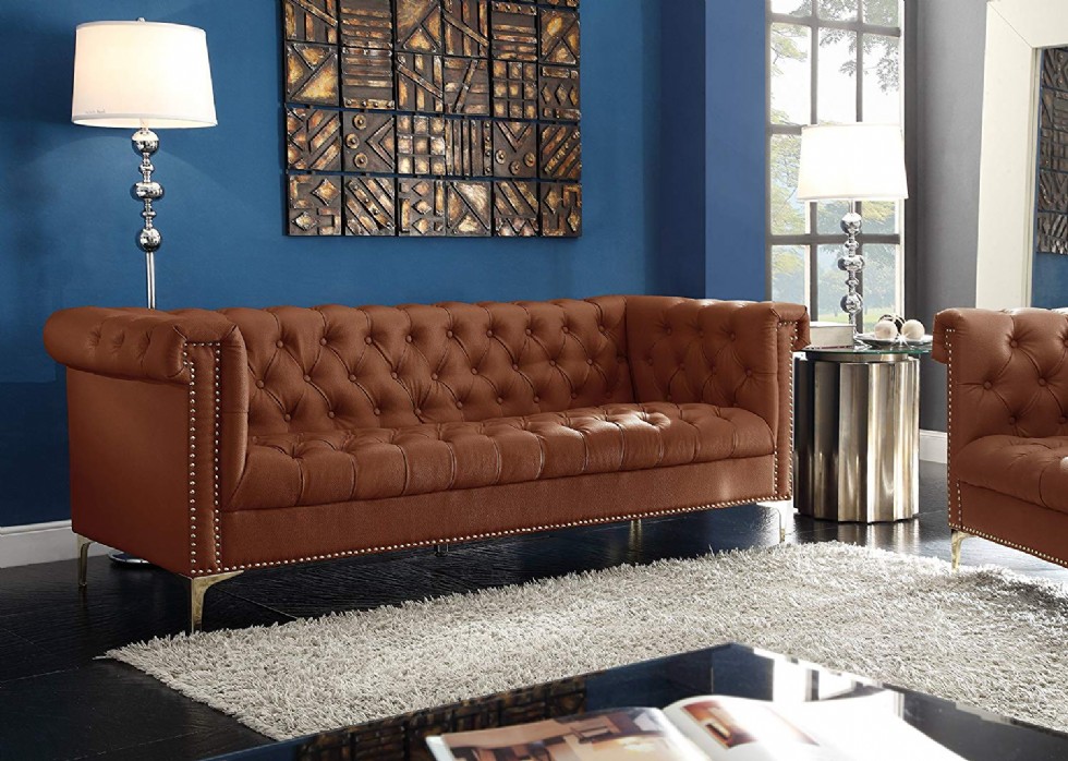 Iconic Home Winston PU Leather Modern Contemporary Button Tufted with Gold Nailhead Trim Gold