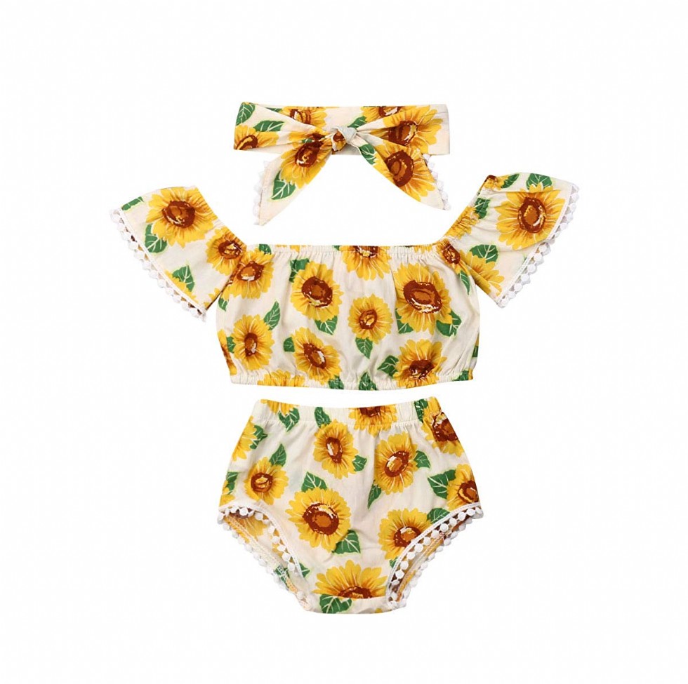 Infant Baby Girl Sunflower Floral Printed Crop Top High Waist Shorts Headband Outfits Clothes