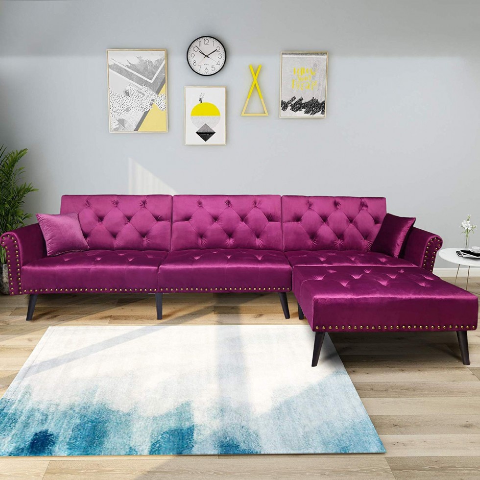 Large Pink Velvet Fabric Modern Sectional Sofa L-Shaped Corner Sofa Couch Sofa Bed Set with Reversible