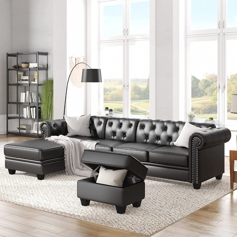 Large Sectional Leather Chesterfield Sofa Set with L Shaped Couch and Storage Ottoman for Living Room