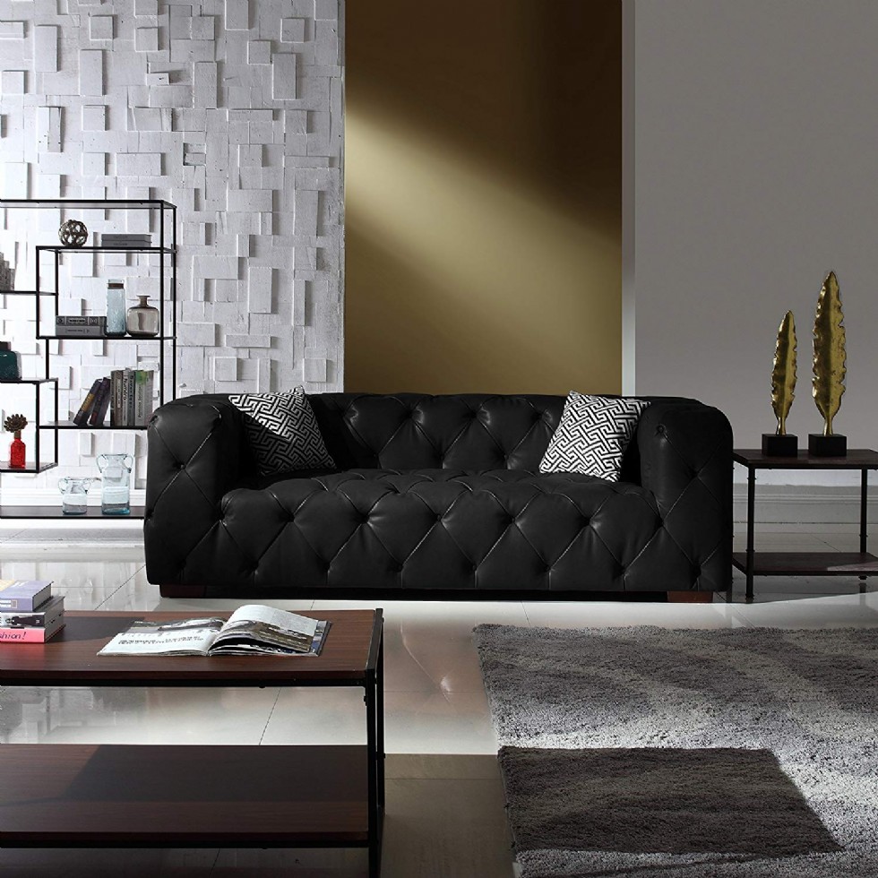 Large Tufted Real Leather Chesterfield Sofa, Classic Living Room Couch (Black)