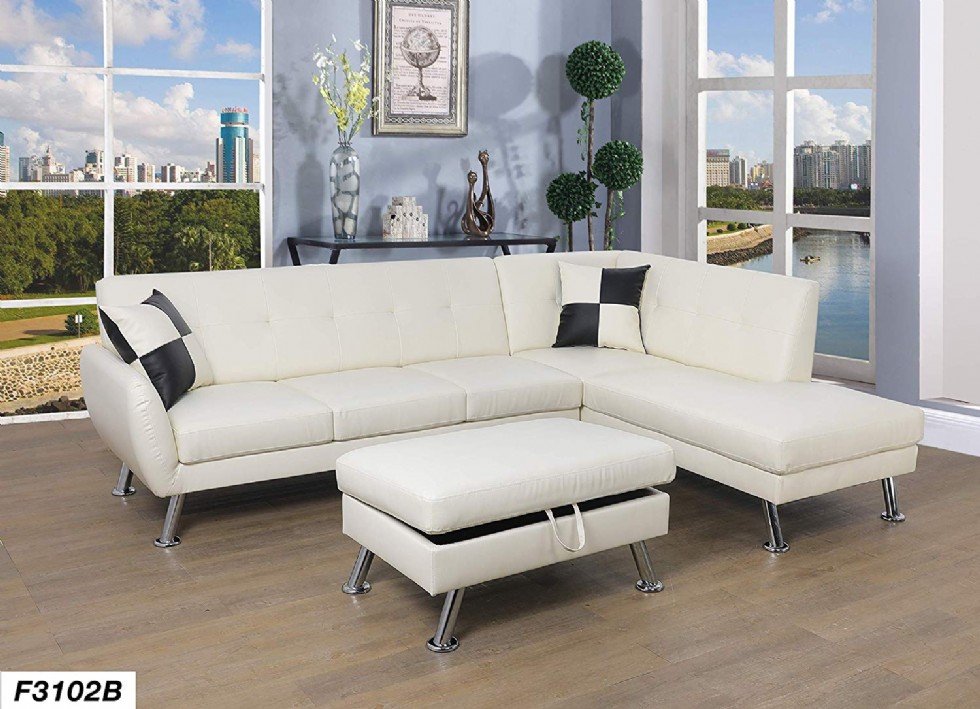 Lifestyle Furniture Right Facing 3PC Sectional Sofa Chaises Set,Faux Leather White