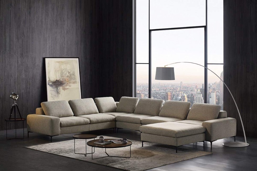 Limari Home Buogo Collection Modern Style Living Room Polyester Fabric Upholstered Sectional Sofa with Ottoman & Metal Legs, Beige