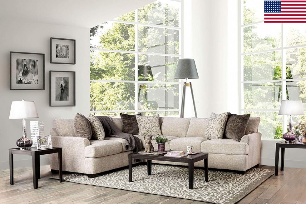 Living Room Furniture Ivory Chenille Fabric Sectional Sofa Set Pillows Comfort Relax Couch Corner Design Made In USA