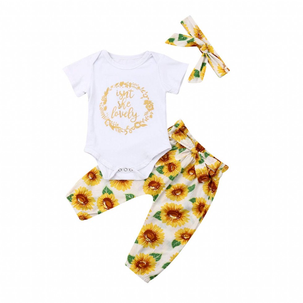 Lovely Baby Girl Clothes Set Floral Romper Bodysuit Tops Sunflowers Pants Outfit Set+ Headband