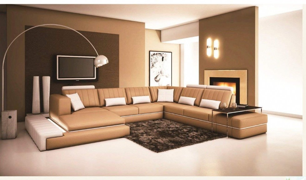 Luxury Modern Leather 5 Piece Sectional Sofa in Tan Color