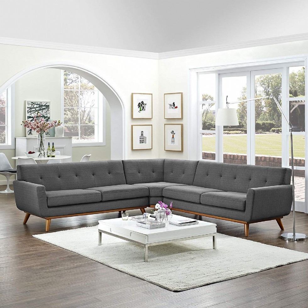 Mid-Century Modern Upholstered Fabric L-Shaped Sectional Sofa In Gray