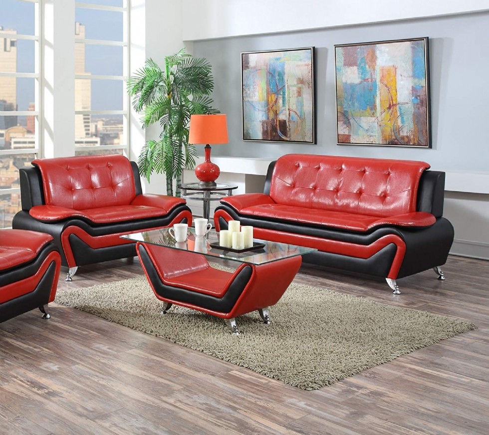 Modern Bonded Leather Sofa Set with Sofa and Loveseat, Red/Black