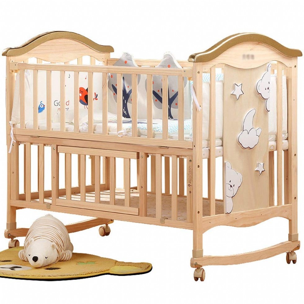 Multifunction Wood Baby Rocking Crib Natural No Spray Paint Bassinet Bed Sleeper