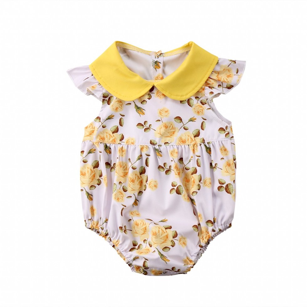 Newborn Baby Girl Outfit Yellow Rose Floral Romper Princess Button Bodysuit Clothes