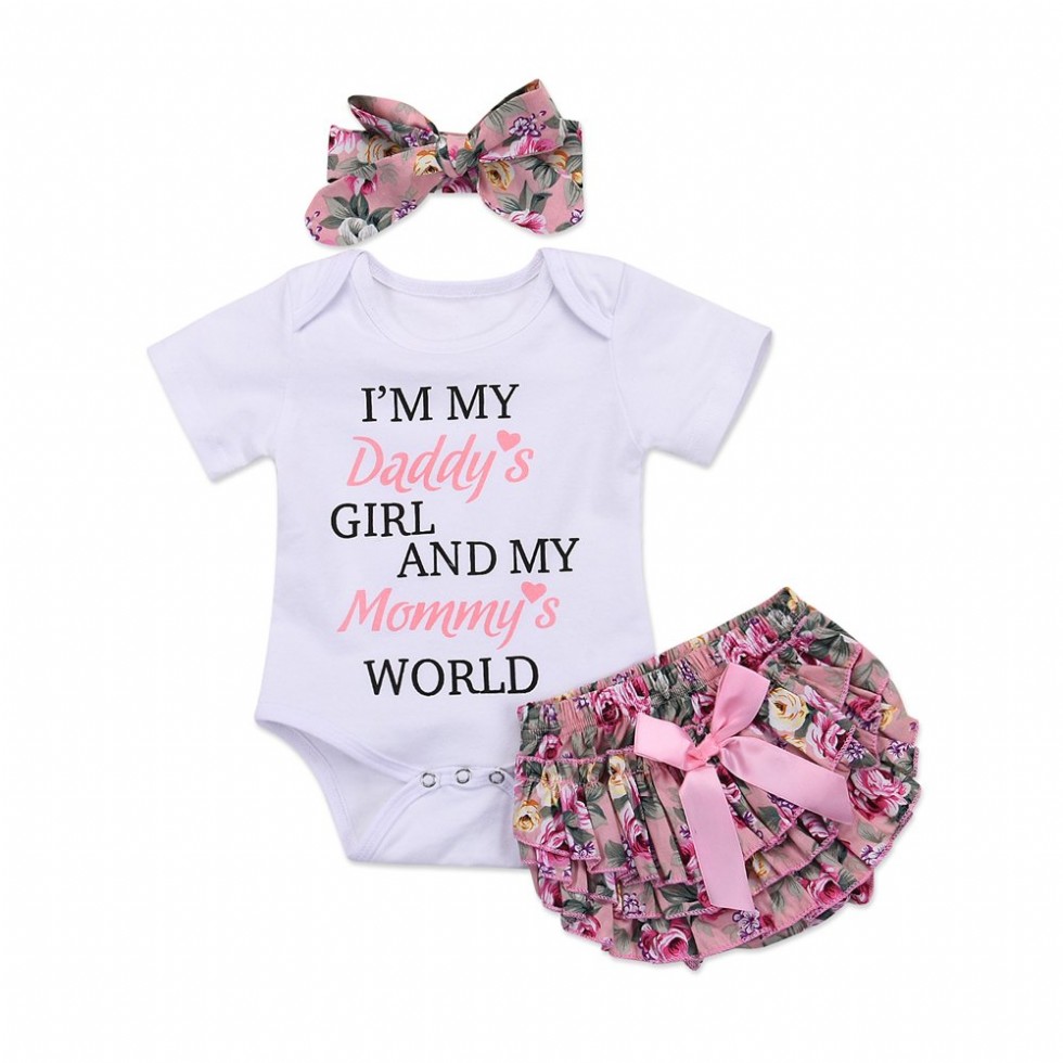 Newborn Baby Girl Romper Jumpsuit Bodysuit, Pants Shorts, Headband Outfit Set