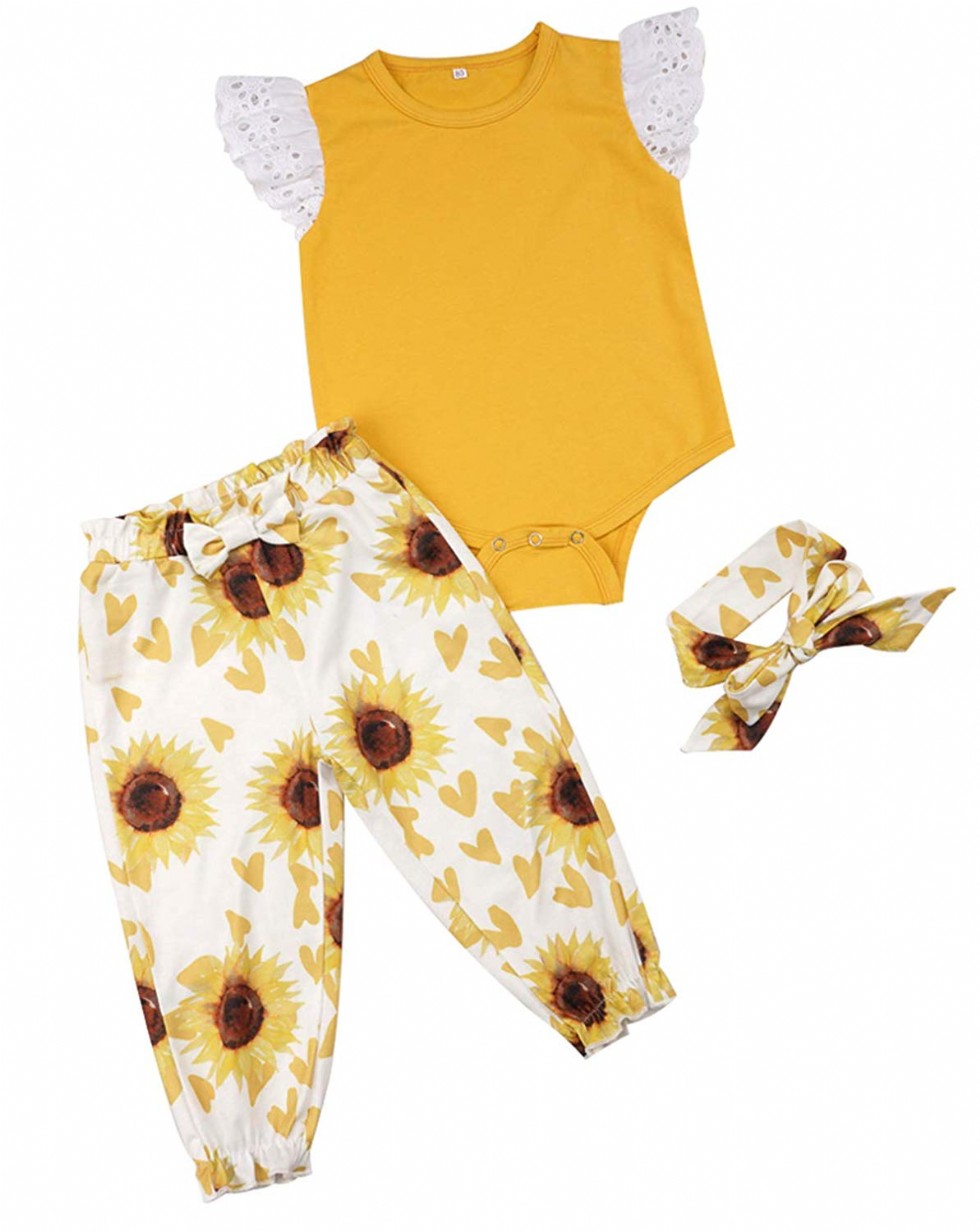 Newborn Baby Girls Sunflower Outfit Isnt She Lovely Romper Sunflower Pants and Headband 3Pcs Clothes Set