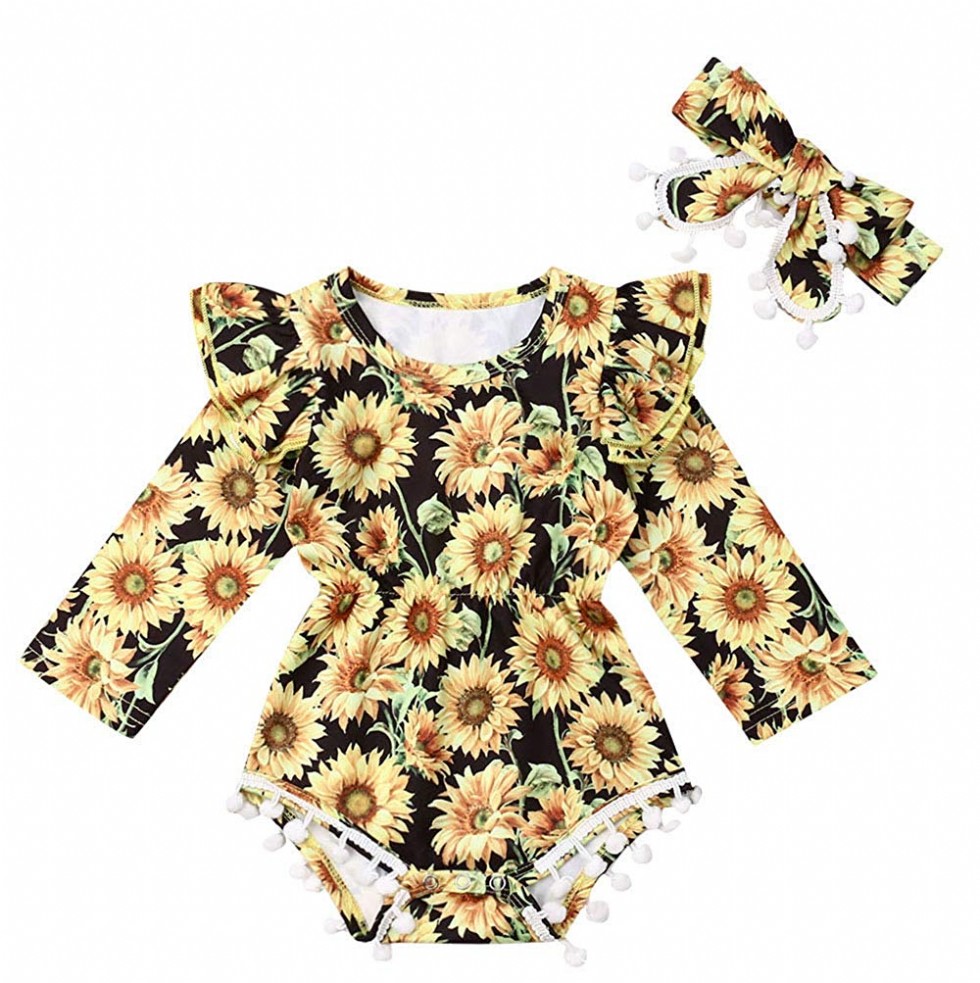 Newborn Baby Girls Sunflower Romper Off Shoulder Bodysuit Jumpsuit Sunsuit Outfits Set Clothes