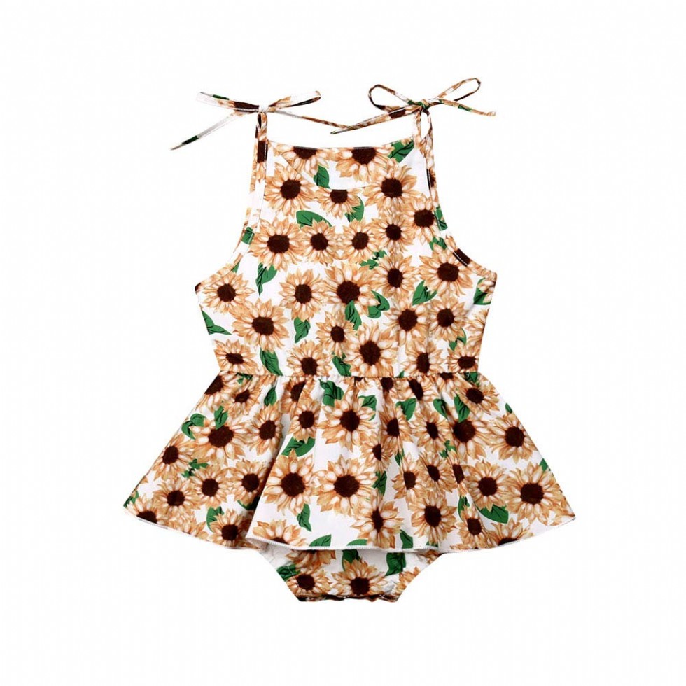 Newborn Infant Baby Girl Sunflower Print V Neck Sleeveless Backless Romper Tutu Dress Bodusuit