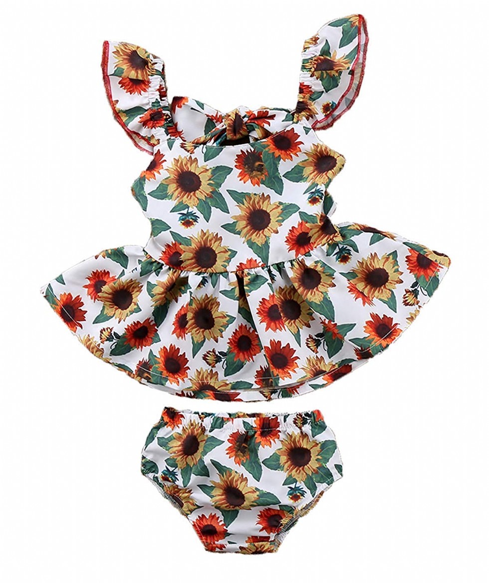 2pcs Newborn Baby Kids Girl Sunflower Top Sundress+Bottoms Outfit Set Clothes