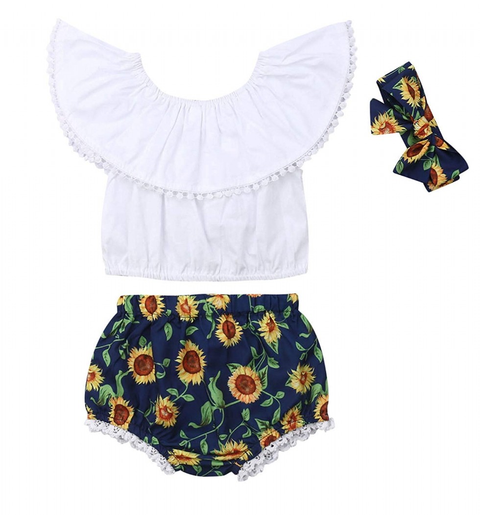 Newborn Toddler Baby Girl Summer Clothes Ruffle Off Shoulder Crop Tops Sunflower Shorts Headband Outfits