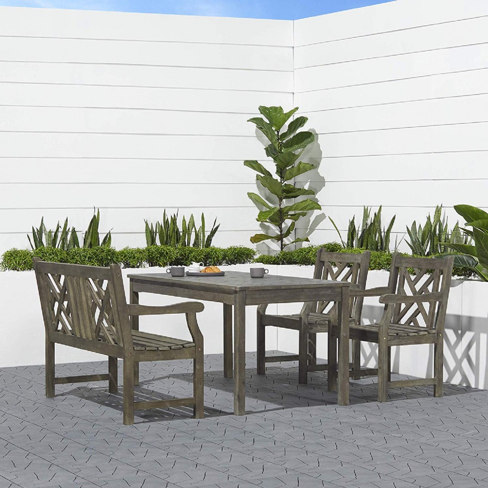 Outdoor 4-Piece Hand-Scraped Wood Patio Dining Set with 4-Foot Bench