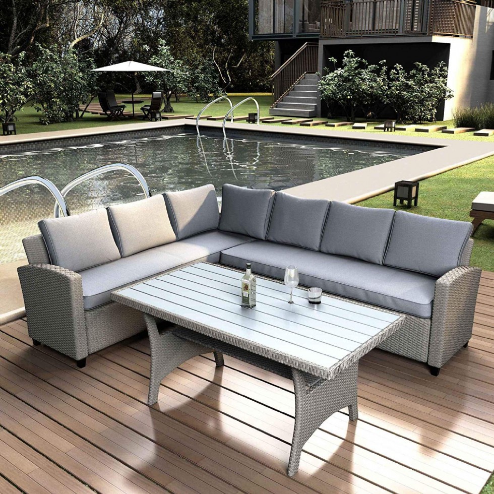 Outdoor Patio Dining Wicker Rattan Sofa Set with Table Modern Design Grey