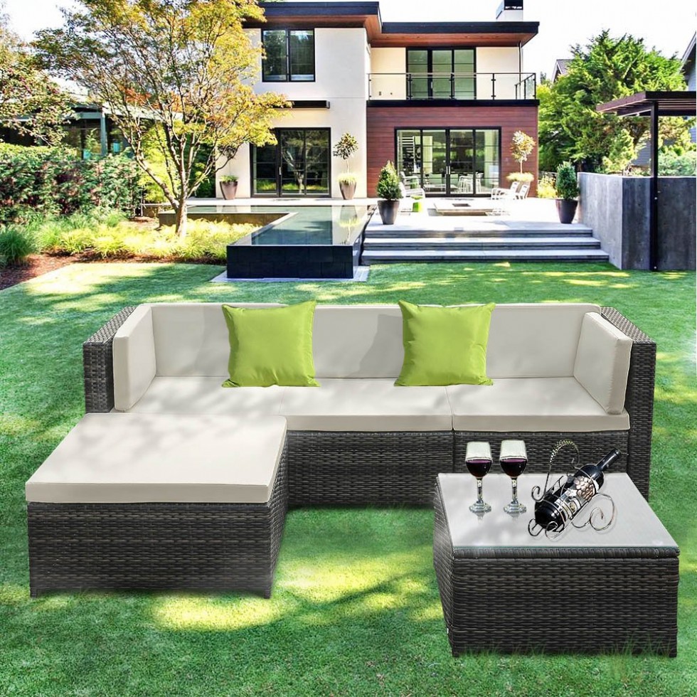 Outdoor Patio Furniture Set, 5 Piece Wicker Rattan Garden Sectional Sofa with Soft Cushions, Glass Coffee Table