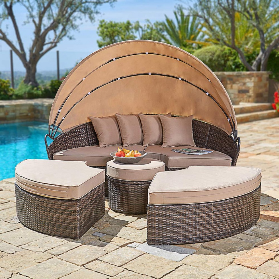 Outdoor Patio Round Daybed with Retractable Canopy, Brown Wicker Furniture Clamshell Sectional Seating with Washable Cushions, Backyard, Porch, Pool