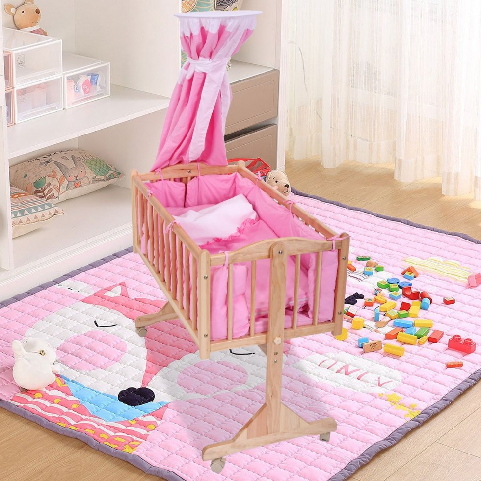 Pine Wood Bassinet Cradle Child Nursery Side Bed Toddler Daybed Furniture w/ Canopy, Pink