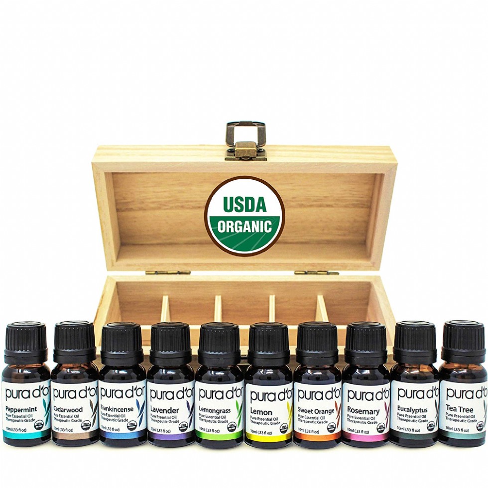 PURA D’OR Essential Oils Wood Box 10mL 10-Set 100% Pure USDA Organic Therapeutic Grade (Tea Tree, Lemon, Lavender, Sweet Orange, Rosemary, Lemongrass