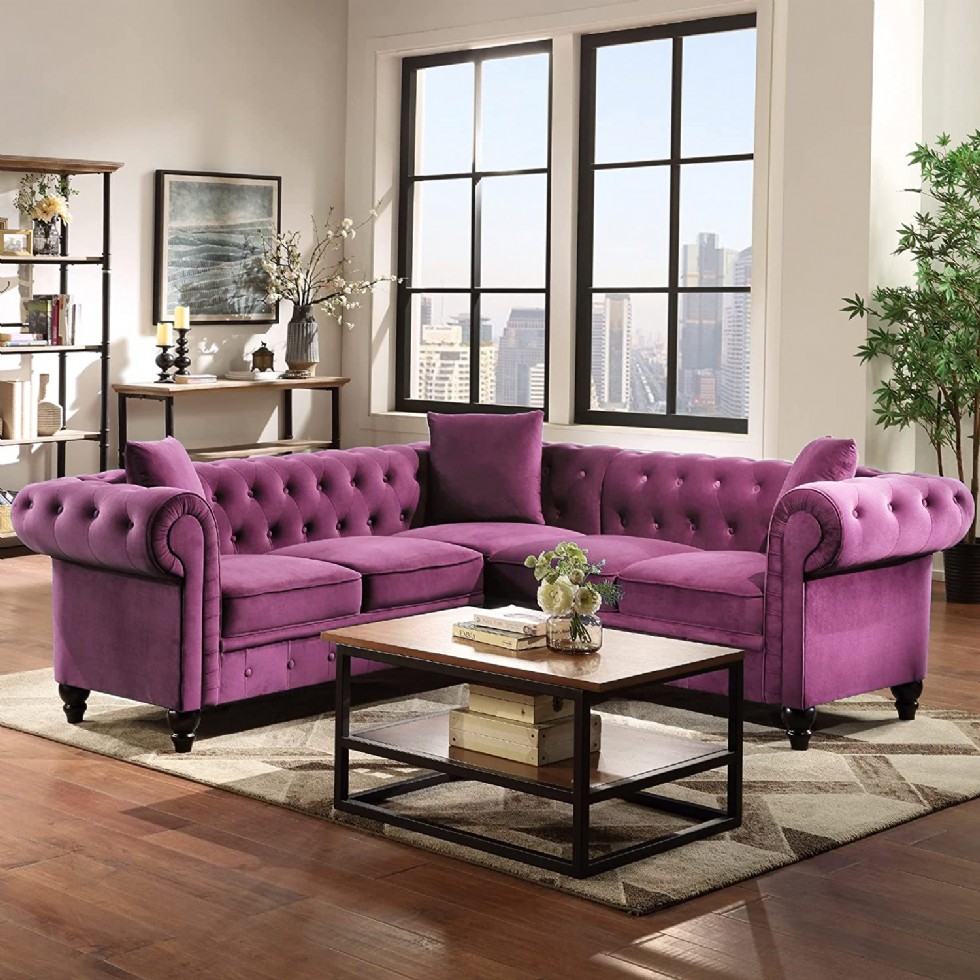 Purple Velvet Chesterfield Sectional Sofa,Tufted Sectional Sofa, Velvet Sofa with Upholstered Rolled Arm for Living Room,3 Pillows